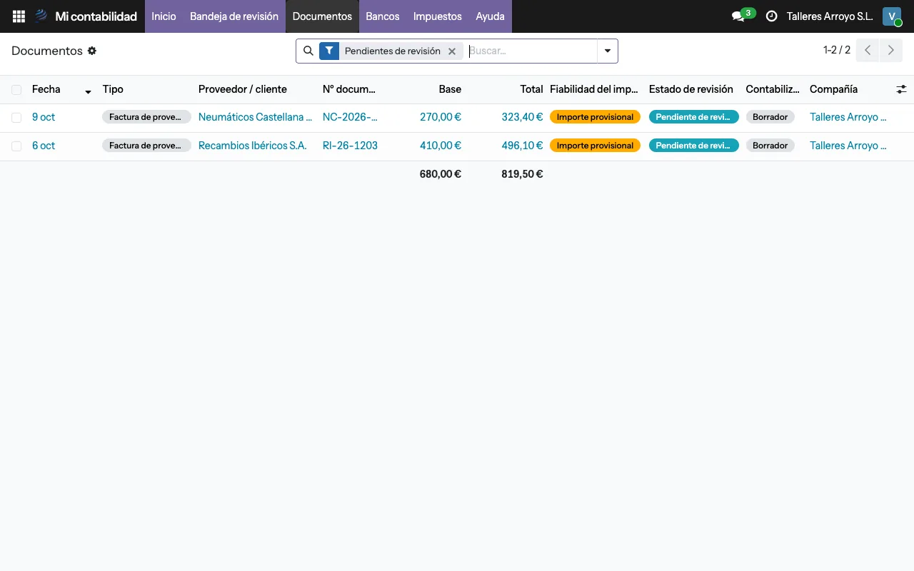 Demo de contabilidad, pantalla Documentos: facturas recibidas con su estado de revisión · datos ficticios