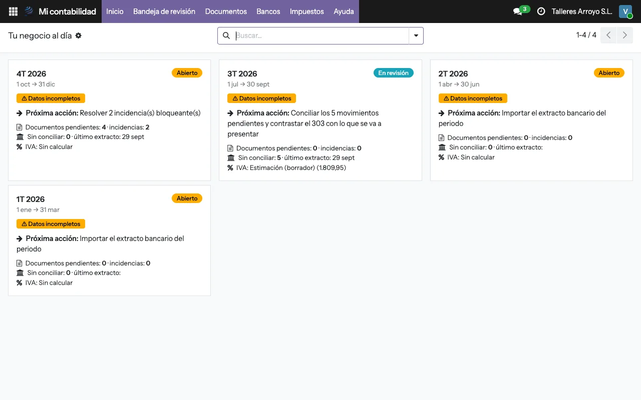 Demo de contabilidad, pantalla «Tu negocio al día»: cuatro trimestres con documentos pendientes, movimientos sin conciliar e IVA · datos ficticios