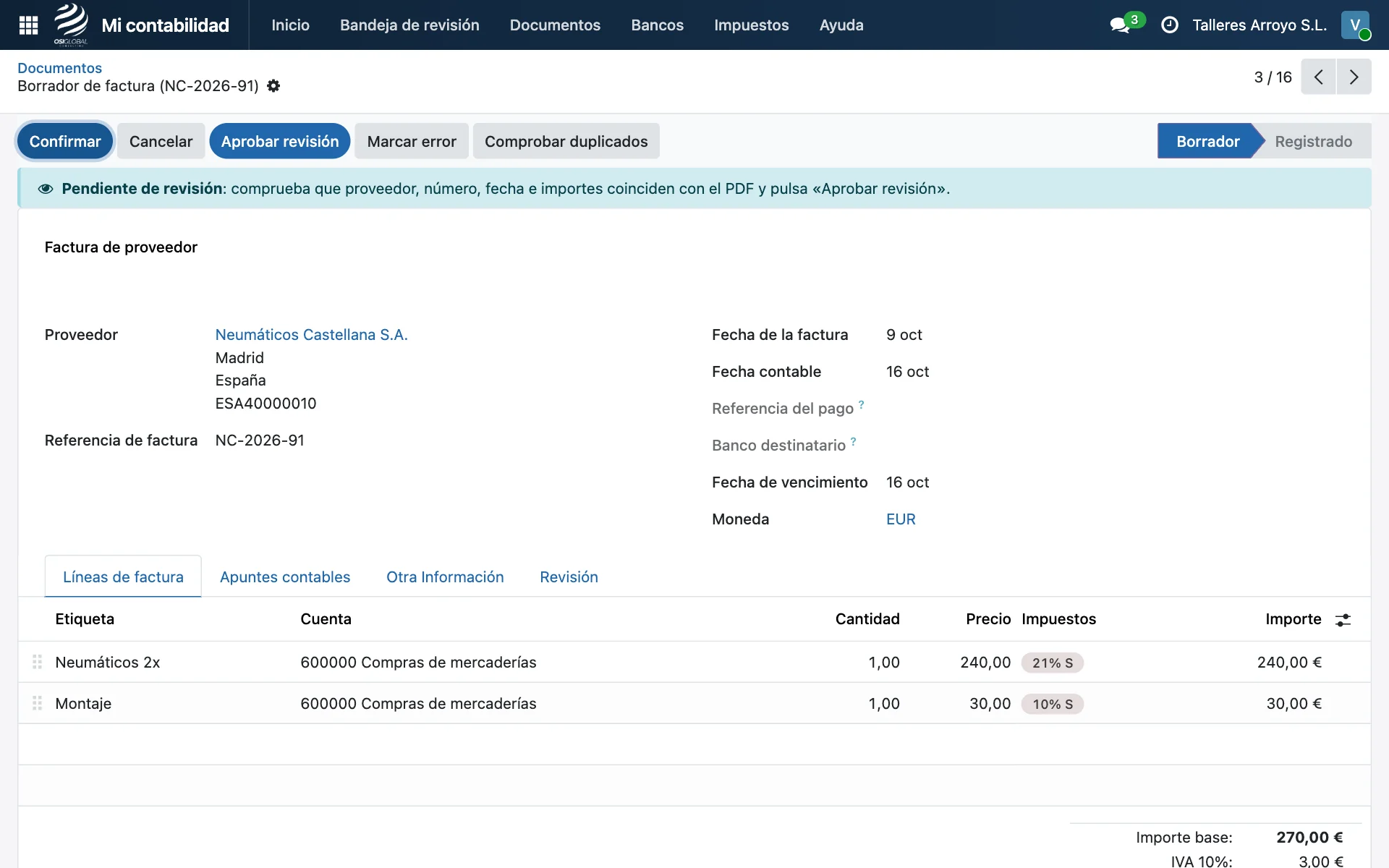 Factura de proveedor pendiente de revisión, con aprobación y control de duplicados