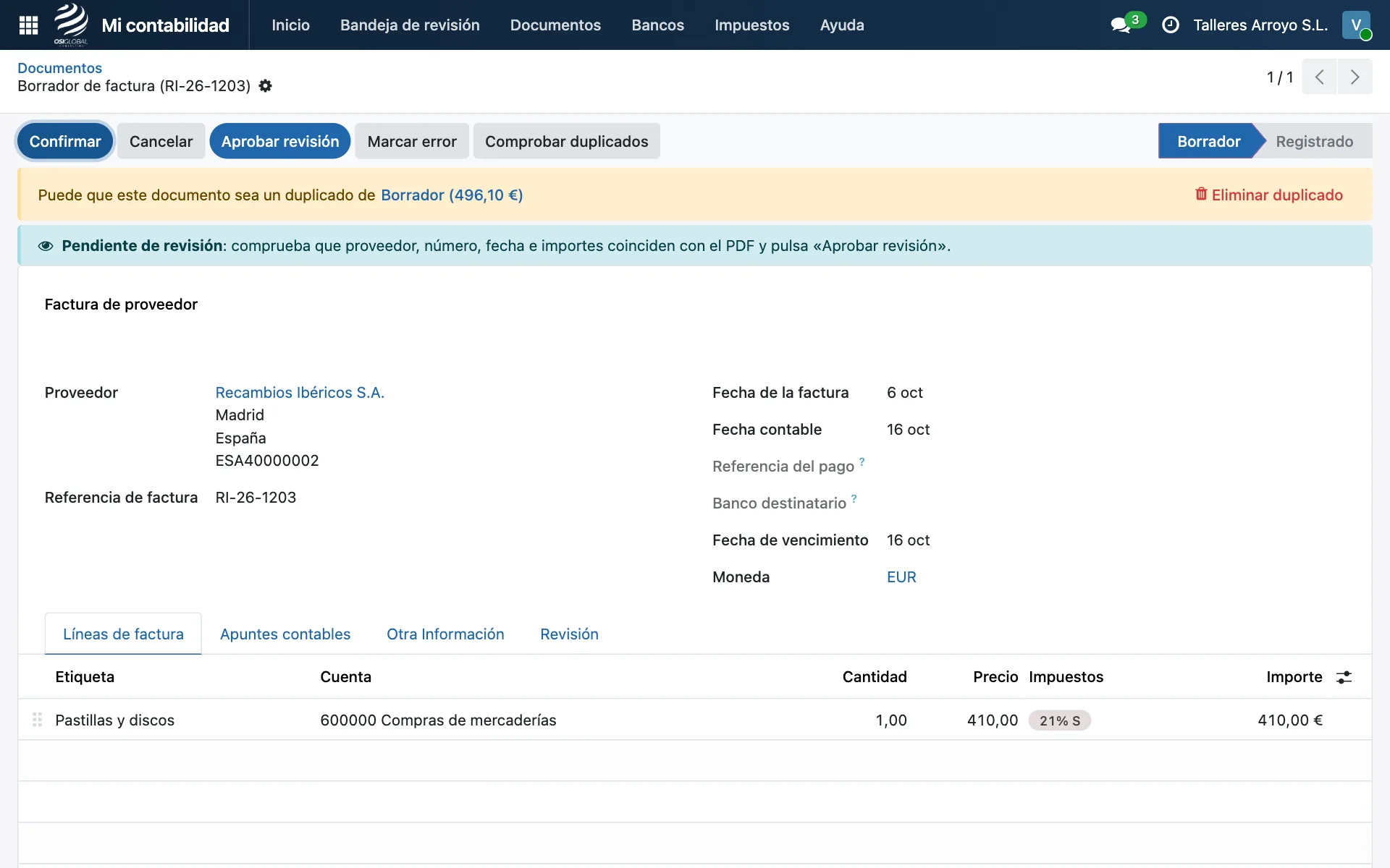 Factura de proveedor en revisión con aviso de posible duplicado, demo con datos ficticios