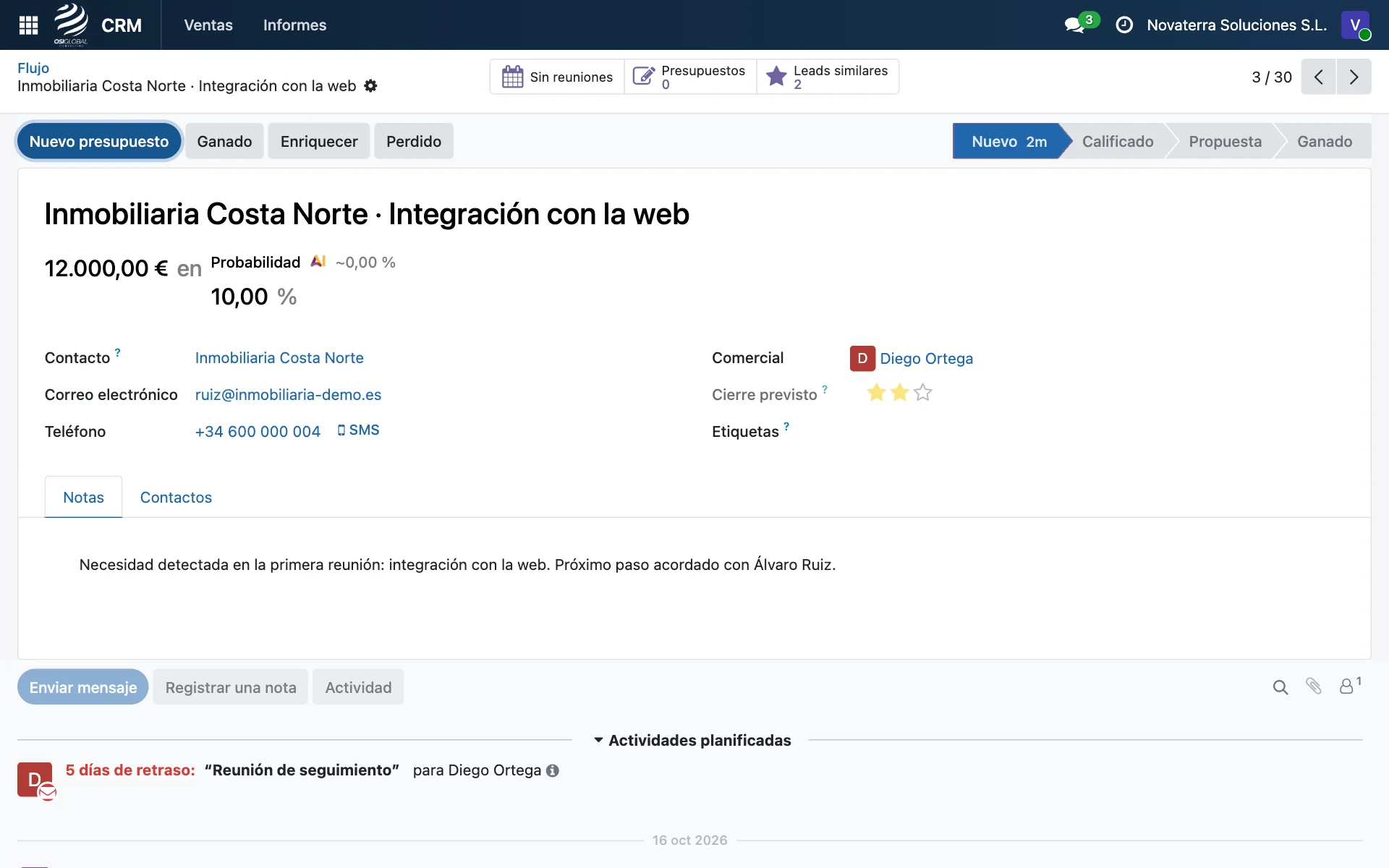 Una oportunidad con su valor, su responsable y su próxima acción, demo con datos ficticios