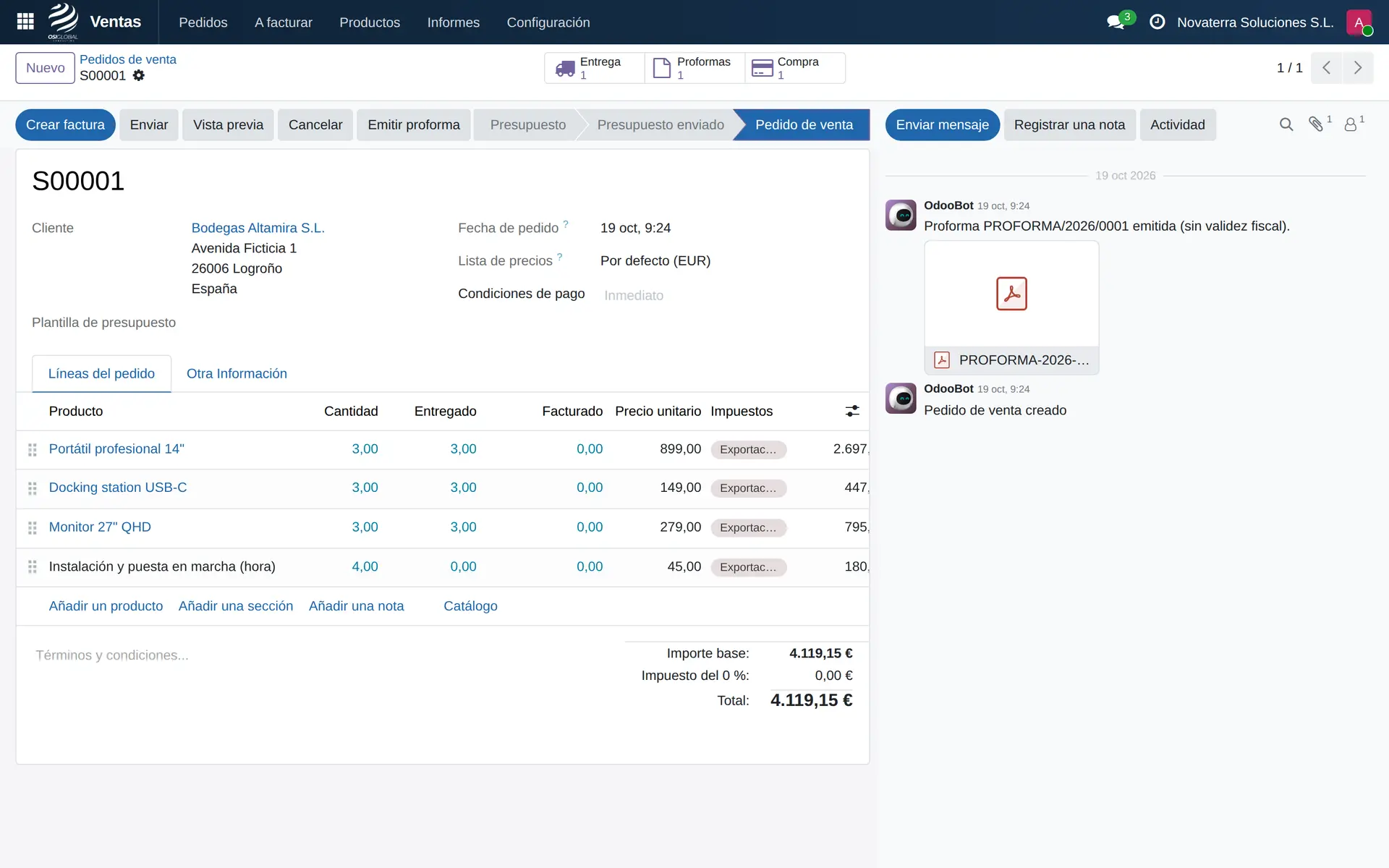 Pedido de venta con su entrega, proforma y compra generadas desde el propio pedido