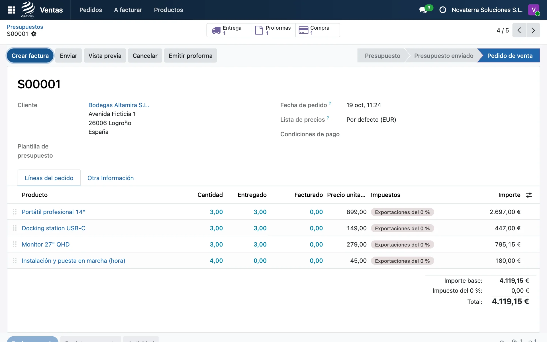 Un pedido con su entrega, proforma y compra encadenadas, demo con datos ficticios