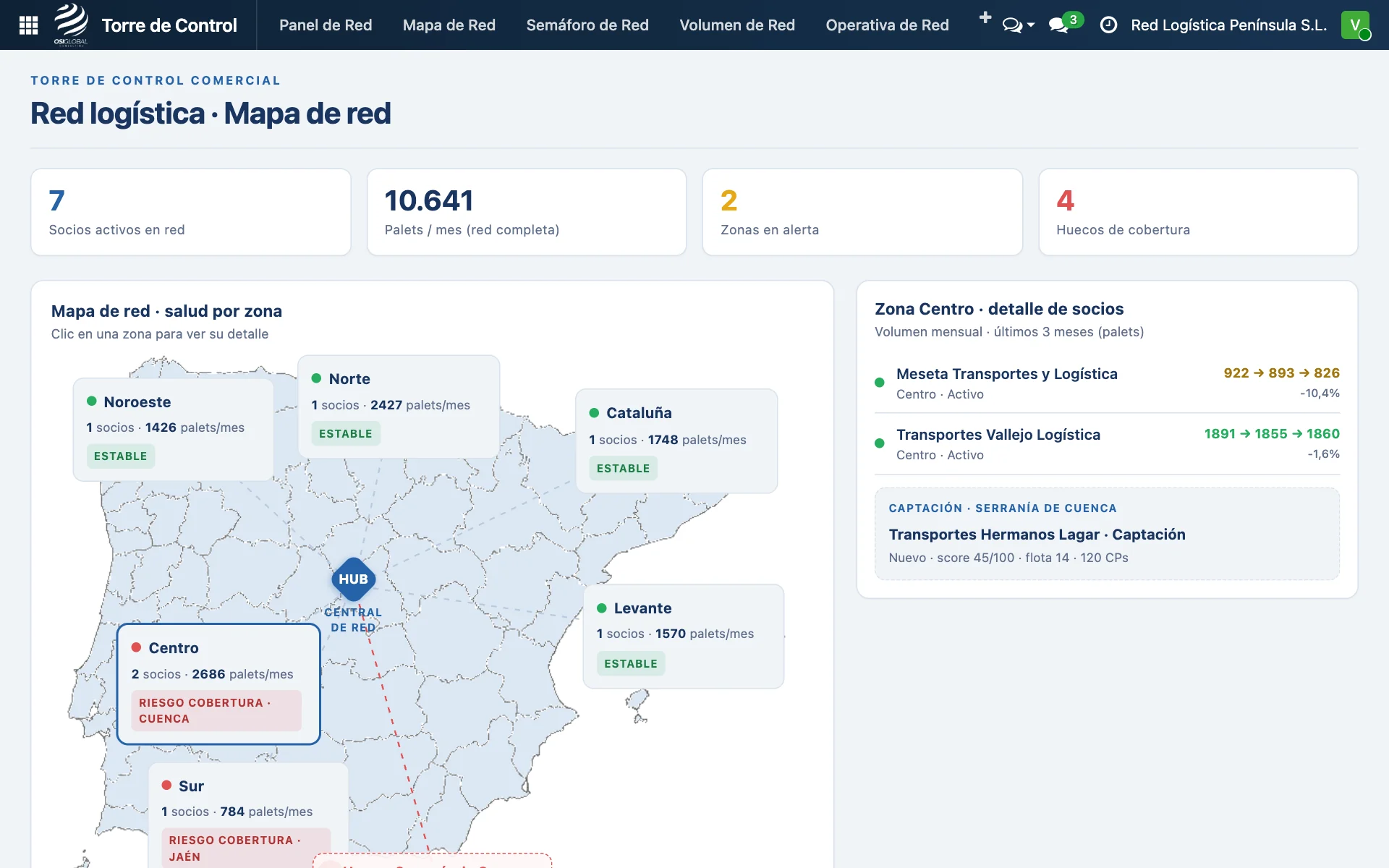 Mapa de la red logística por zonas, demo con datos ficticios